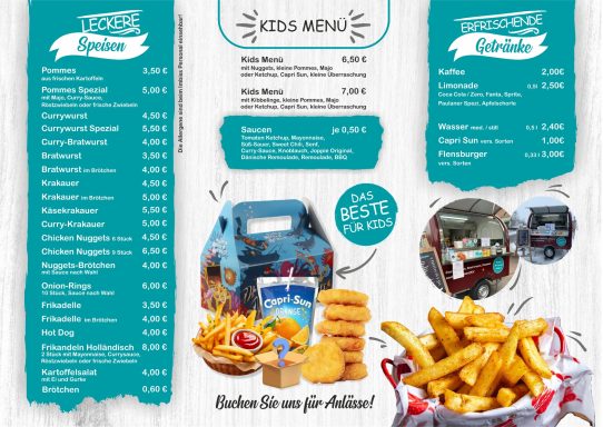 Speisekarte mit verschiedenen Gerichten, Preisen und einem Bild von Pommes frites.