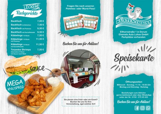 Speisekarte mit Gerichten wie Burger, Hähnchenflügel und Beilagen.