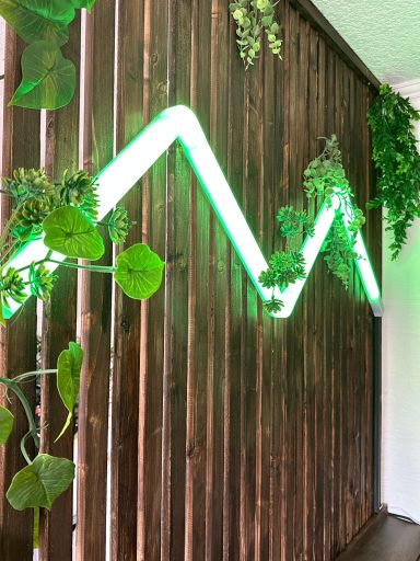 Grüne Neonlichter in Wellenform an einer Holzwand mit Pflanzen.