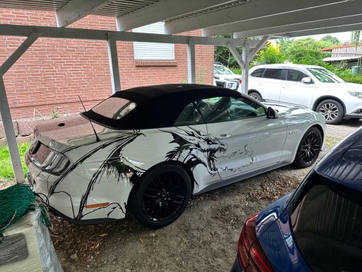 Weißes Cabriolet mit schwarzem Verdeck und einem Drachenmotiv auf der Seite.