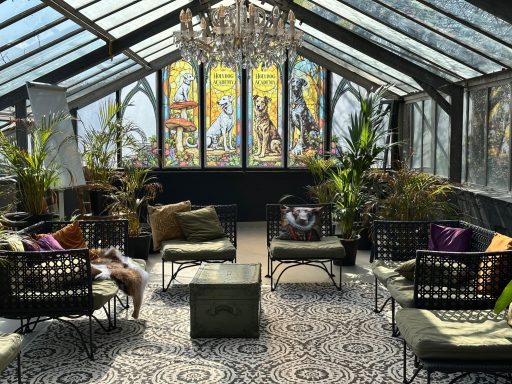 Heller Wintergarten mit Pflanzen, gemütlichen Sitzgelegenheiten und bunten Wandmalereien.