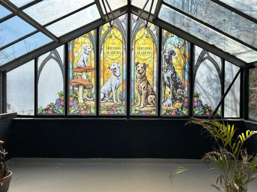 Buntes Glasfenster mit Hundemotiven in einem Gewächshaus.